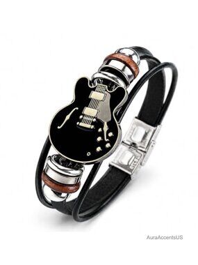 Multilayer Leather Bracelet with Guitar Charm for Men Women Unisex Music Rock